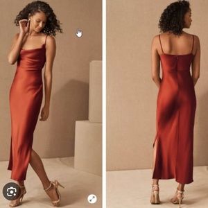 BHLDN Cali Satin Cowl-Neck Midi Cinnamon Slip Dress Size 8